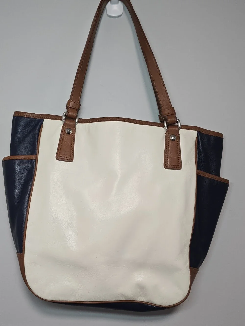 Coach Cream and Navy Tote with Brown Trim
